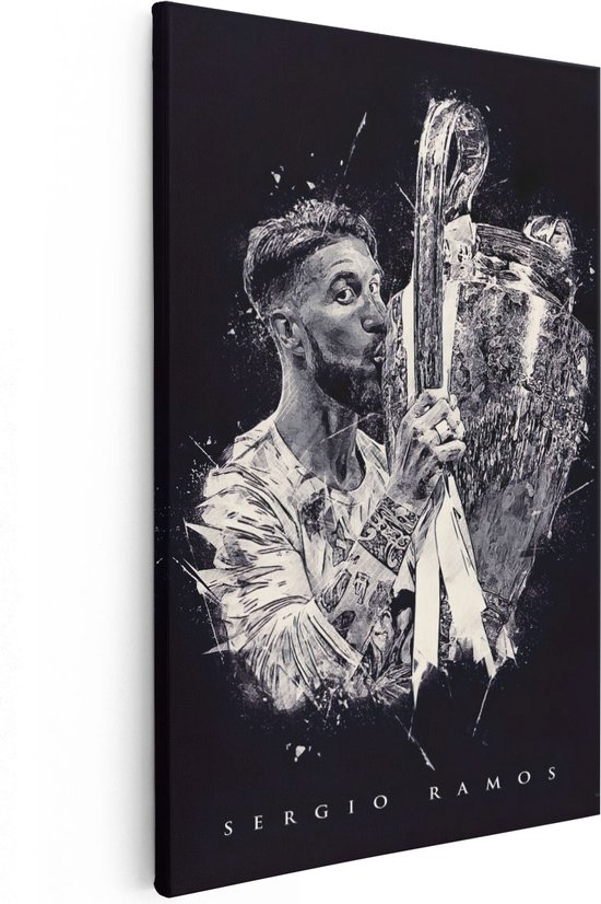 Artaza Canvas Schilderij Sergio Ramos met de Champions League Beker - 60x90 - Foto Op Canvas - Wanddecoratie