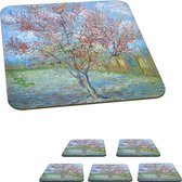 Onderzetters voor glazen - De roze perzikboom - Schilderij van Vincent van Gogh - 10x10 cm - Glasonderzetters - 6 stuks