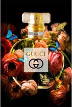 Glasschilderij - Gucci Parfum met Vlinders & Bloemen Goud - 60 x 80 x 0,4 cm
