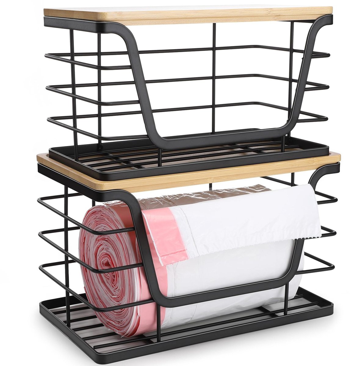 2-delige Afvalzakhouder Set – Afvalzak Dispenser met Houten Deksel – Stapelbaar voor Keuken en Wasruimte