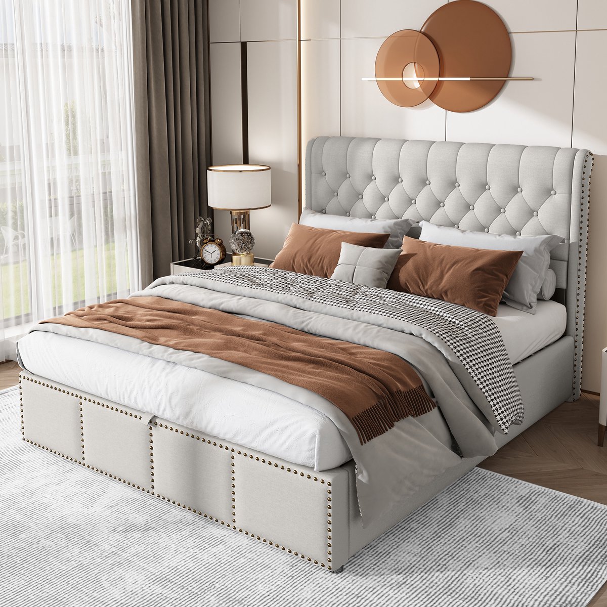 DESMIU Gestoffeerd Bed 140 x 200 cm – Minimalistisch Bed Met Opbergruimte En Gasveermechanisme – Comfortabel Hoofdbord – Voor Slaapkamer – Linnen – Grijs Zonder Matras