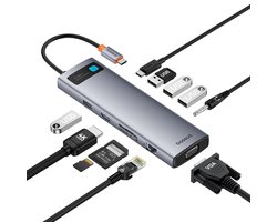 HUB – 11in1 – Baseus Metal Gleam-serie USB-C naar USB-C PD / 3x USB-A 3.0 / USB-A 2.0 / HDMI / VGA / AUX / RJ-45 / SD TF – grijs