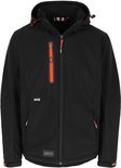 Zwarte softshell werkjas met contrasterende zwarte zijpanelen en opvallende oranje ritsen.
