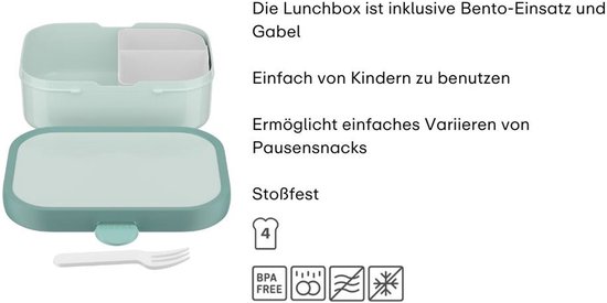 Boîte à lunch vert d'eau avec compartiment bento amovible et fourchette. Sans BPA.