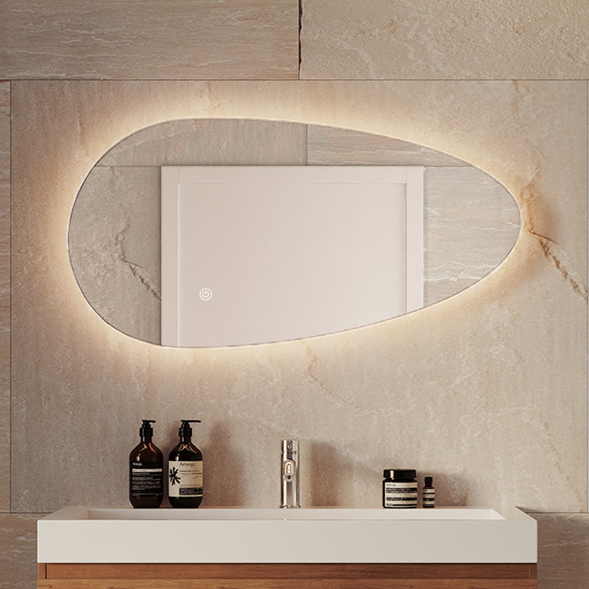 LOMAZOO Badkamerspiegel Met Verlichting - Met Verwarming - Spiegel Organisch - Assymetrische Spiegel - 80 X 40,6 cm [ADANA]