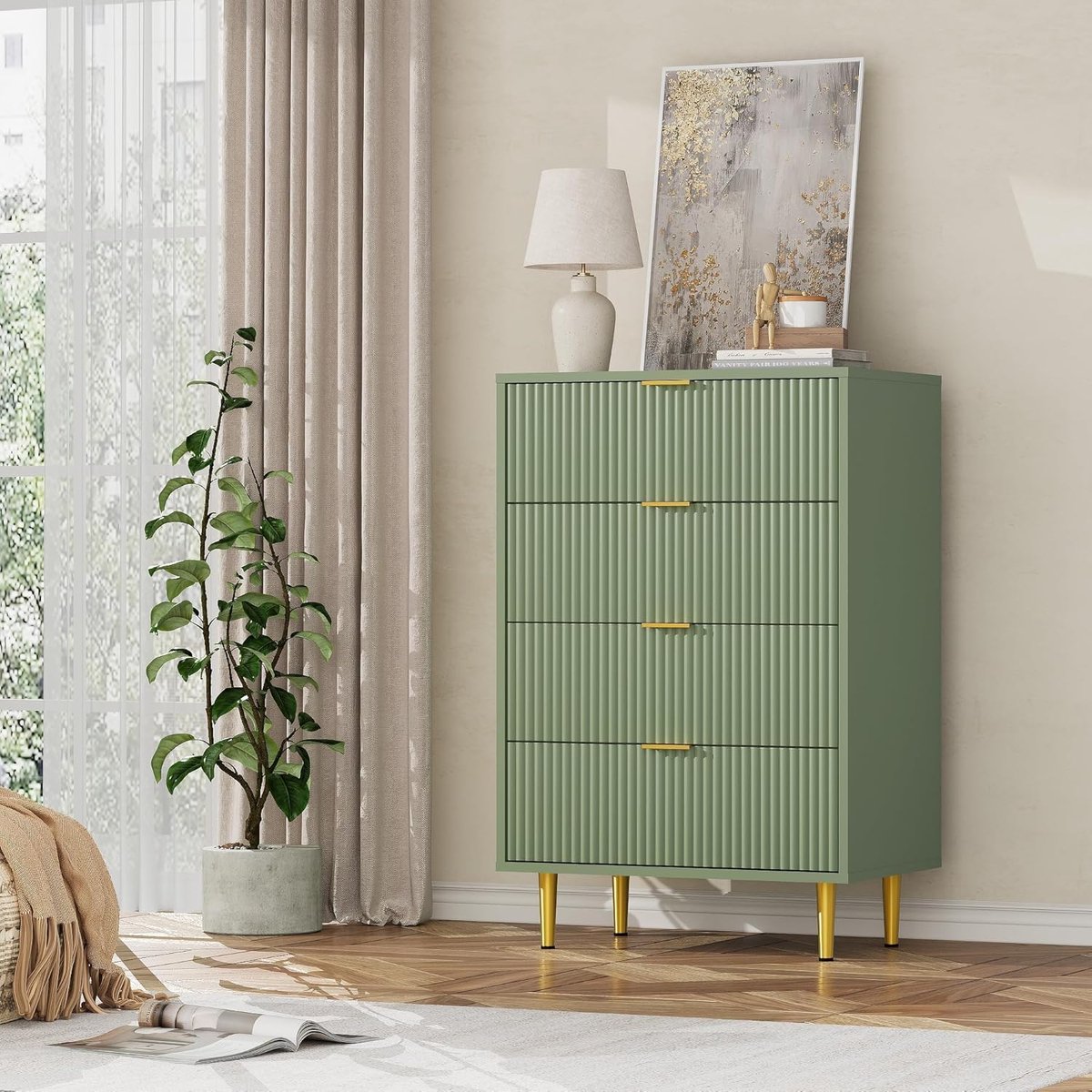 Modern Ladekast met 4 Laden - Stijlvol Ladekastje voor Slaapkamer en Woonkamer - Geribbelde Voorkant met Gouden Accentenen - Avocado Groen en Wit