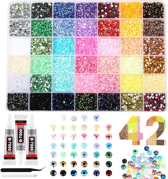 Nail Art Kit - 42 Kleuren 32000 Stuks - Met Lijm, Pincet, Wax Pen - 3 mm Veelkleurige Platte Steentjes - Strasssteentjes Set - Voor Kleding, Boeken, Schoenen, Nagels, Kunst En Make-Up