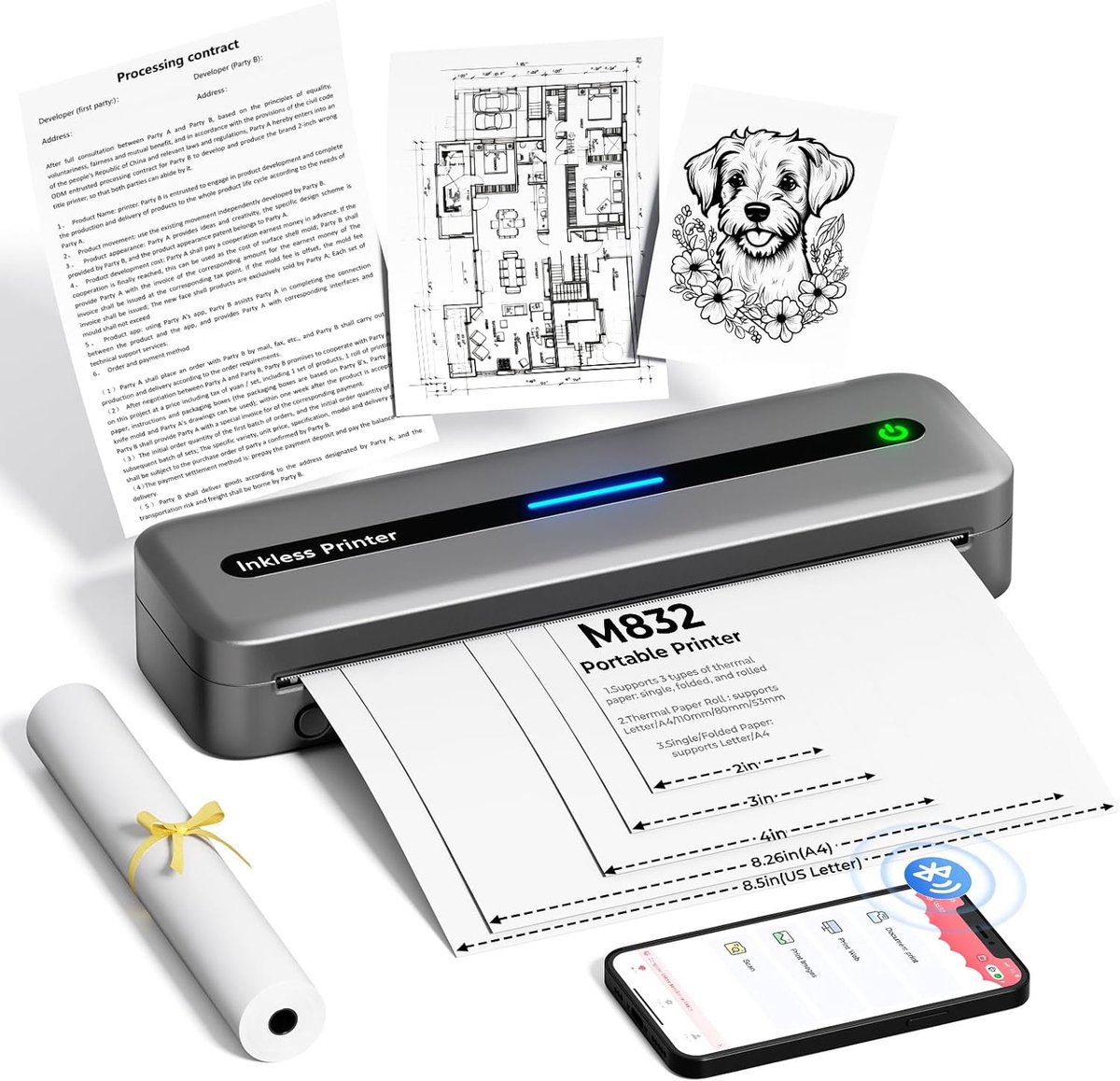 Mobiele Printer - Compacte Printer - Onderweg Printen - Inkless Thermisch Printen - A4 Formaat - Grijs