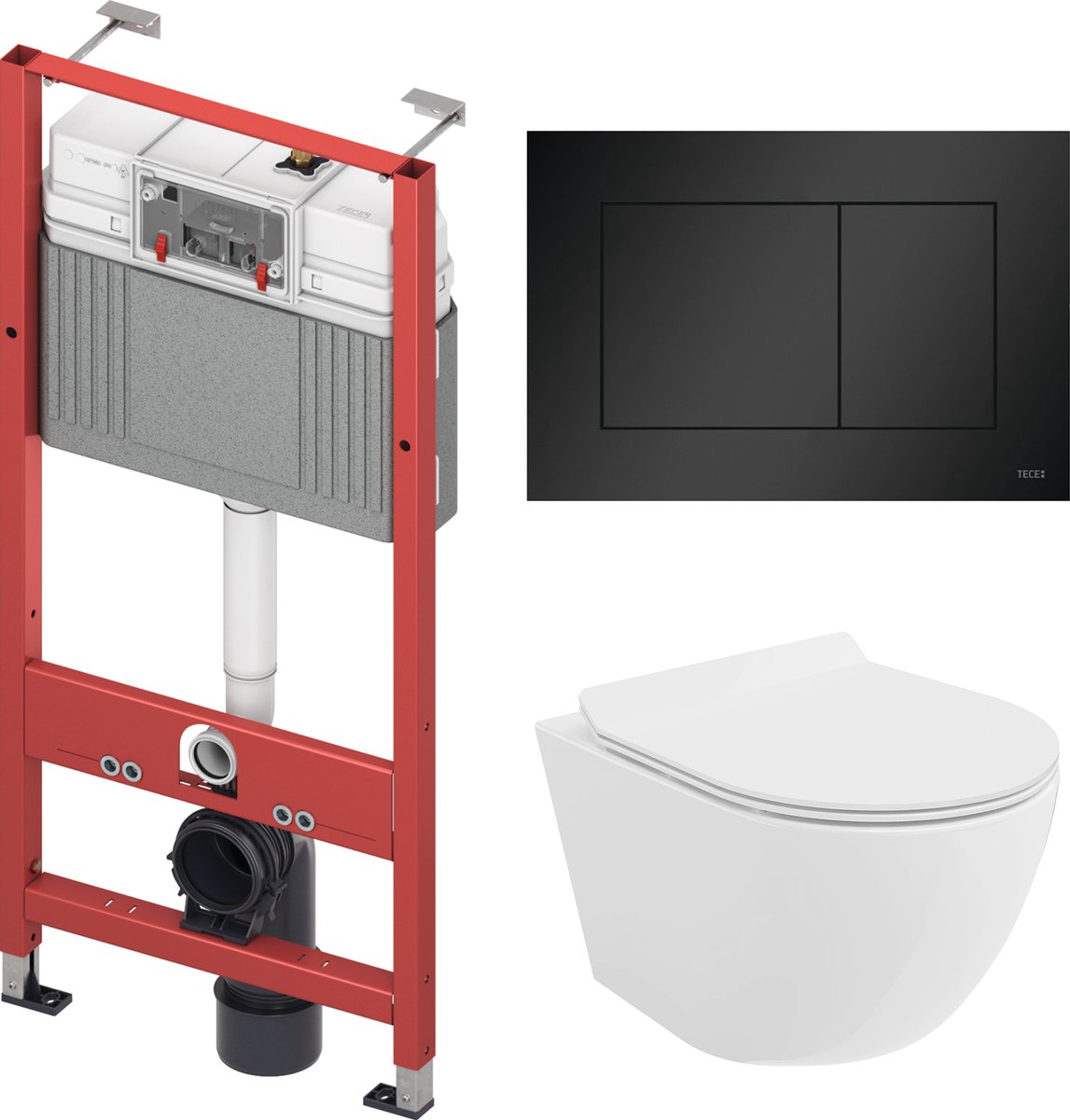 Badland Rolo toiletset - wandtoilet met TECEbase inbouwreservoir en bedieningsplaat zwart - wit, vierkante knoppen