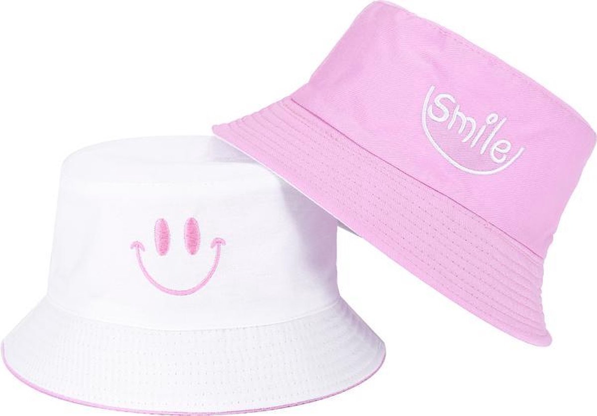 Ulanax - Reversible bucket hat - vissershoedje - zonnehoed - smiley - paars/wit - omkeerbaar - wit roze