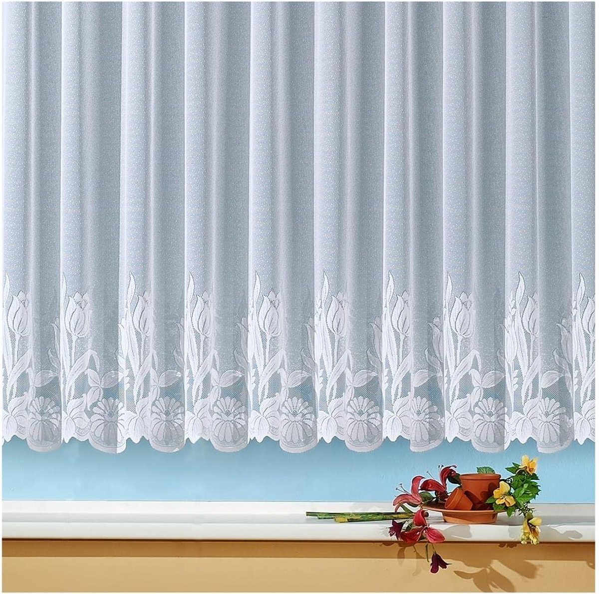 Vitrage Gordijn - Jacquard Gordijn - Raamdecoratie - Bloemen Piping - 300x135 cm - Wit