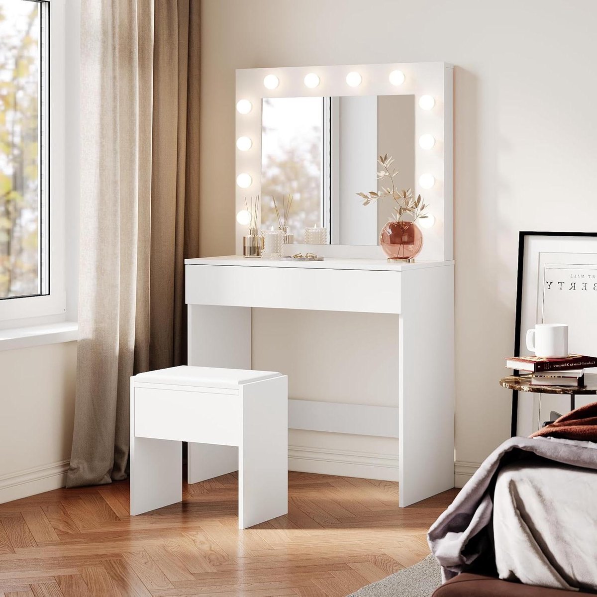 Kaptafel met Spiegel - Make-uptafel Kruk - Make-up Aanbrengen - 12 LED Lampen - 140 cm Hoog - Wit