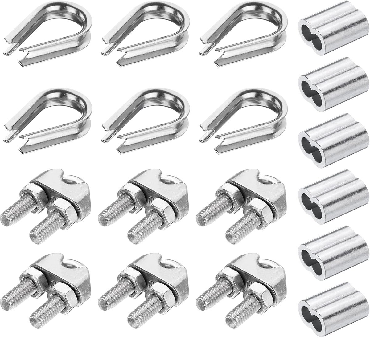 18 stuks M6 304 roestvrijstalen draadkabelset - draadkabel clipklem - buisvingerhoed - krimplus voor 1/4 inch draadkabel kabelvingerhoedjes - zilver - kabelaccessoires