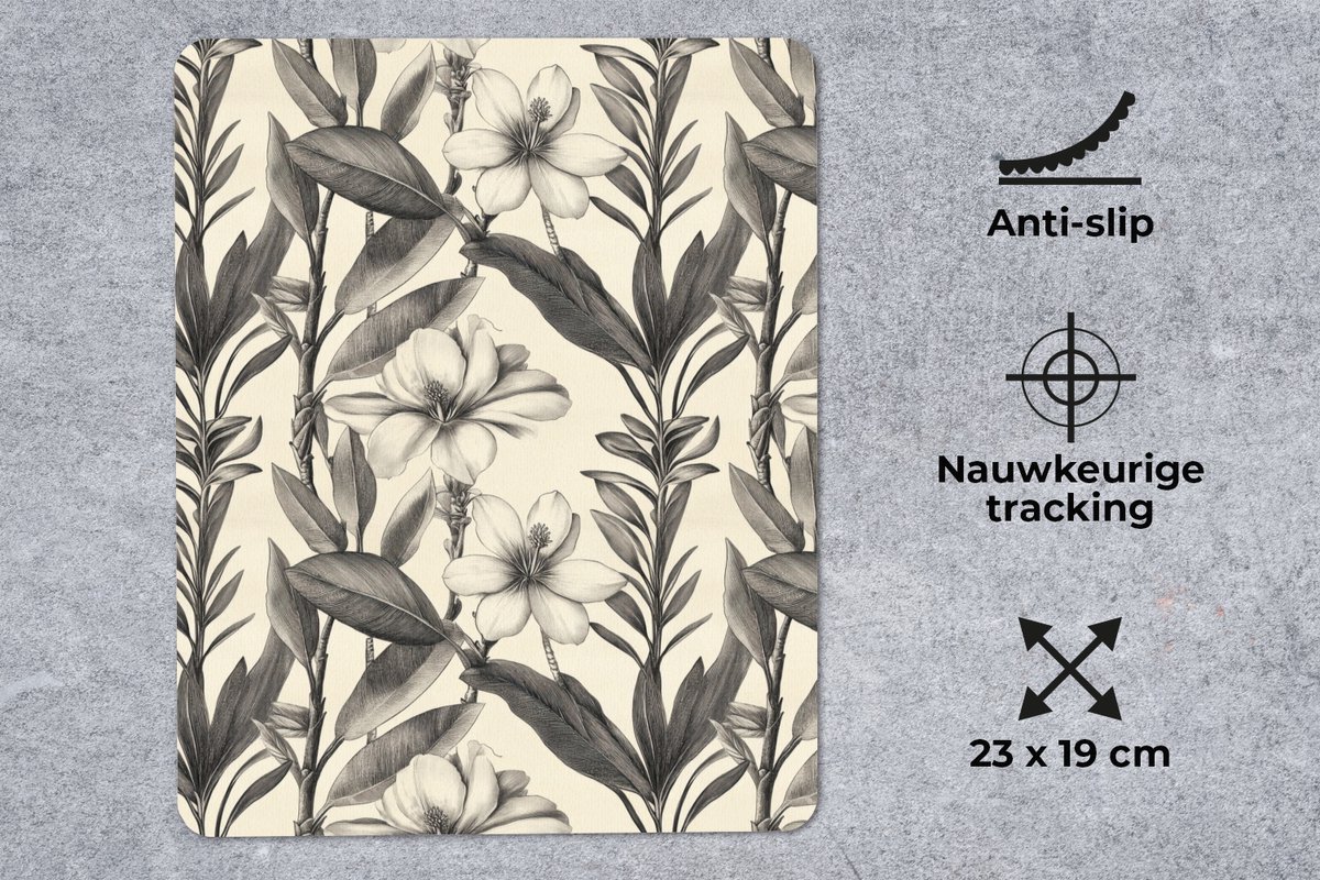 Muismat 12x16 cm - Mousepad Klassiek - Botanisch - Zwart - Beige - Muismatten