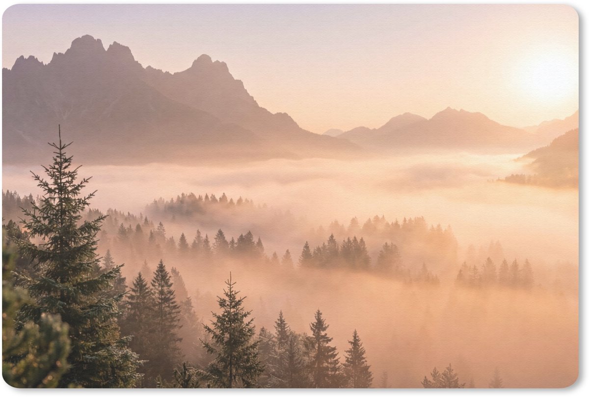 Muismat 13x8 cm - Mousepad Zonlicht - Mist - Bergen - Bomen - Muismatten