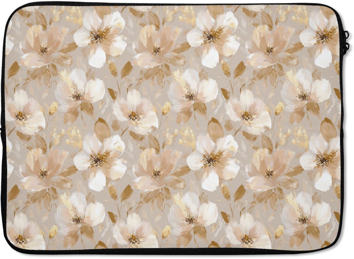 Laptophoes 13 inch - Bloemen - artistiek - Goud - Laptop sleeve - Binnenmaat 32x22,5 cm - Zwarte achterkant