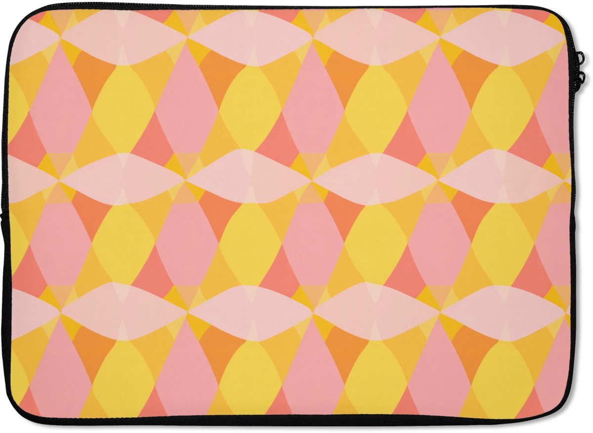 Laptophoes 14 inch - Kleurrijk - Ruitpatroon - Bladvormen - Laptop sleeve - Binnenmaat 33x23 cm - Zwarte achterkant