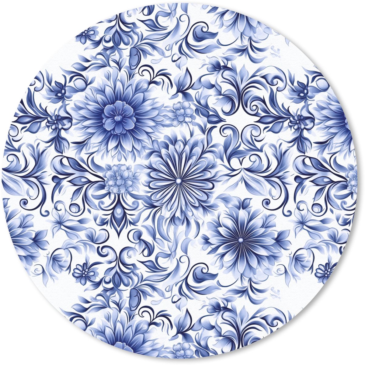 Muismat rond 30x30 cm - Mousepad Bloemen - Blauw - Patroon - Wit - Ronde muismatten