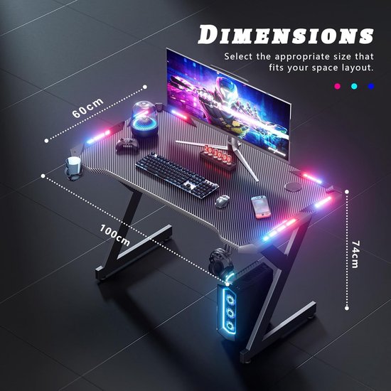Gamingbureau met LED - Computertafel Werkstation - Gamen en Studeren - Koolstofvezel Oppervlak - 100 x 60 cm - Zwart — afbeelding 2