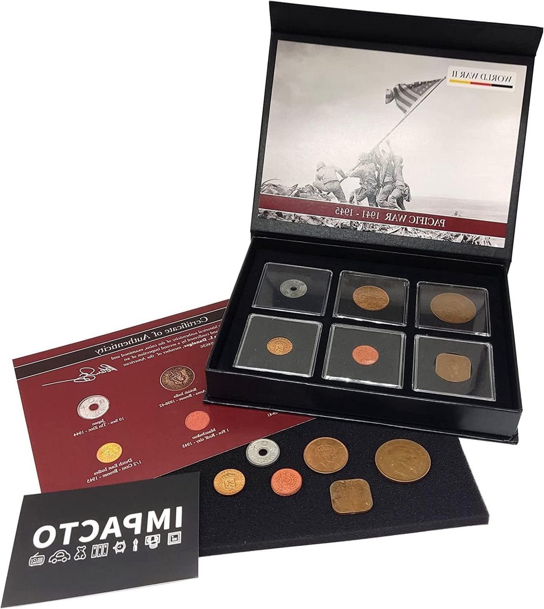 IMPACTO COLECCIONABLES | 6 Authentieke Munten uit de Tweede Wereldoorlog (1925-1945) in Luxe Doos – Pearl Harbor en de Pacifische Oorlog Collectie | Inclusief Echtheidscertificaat