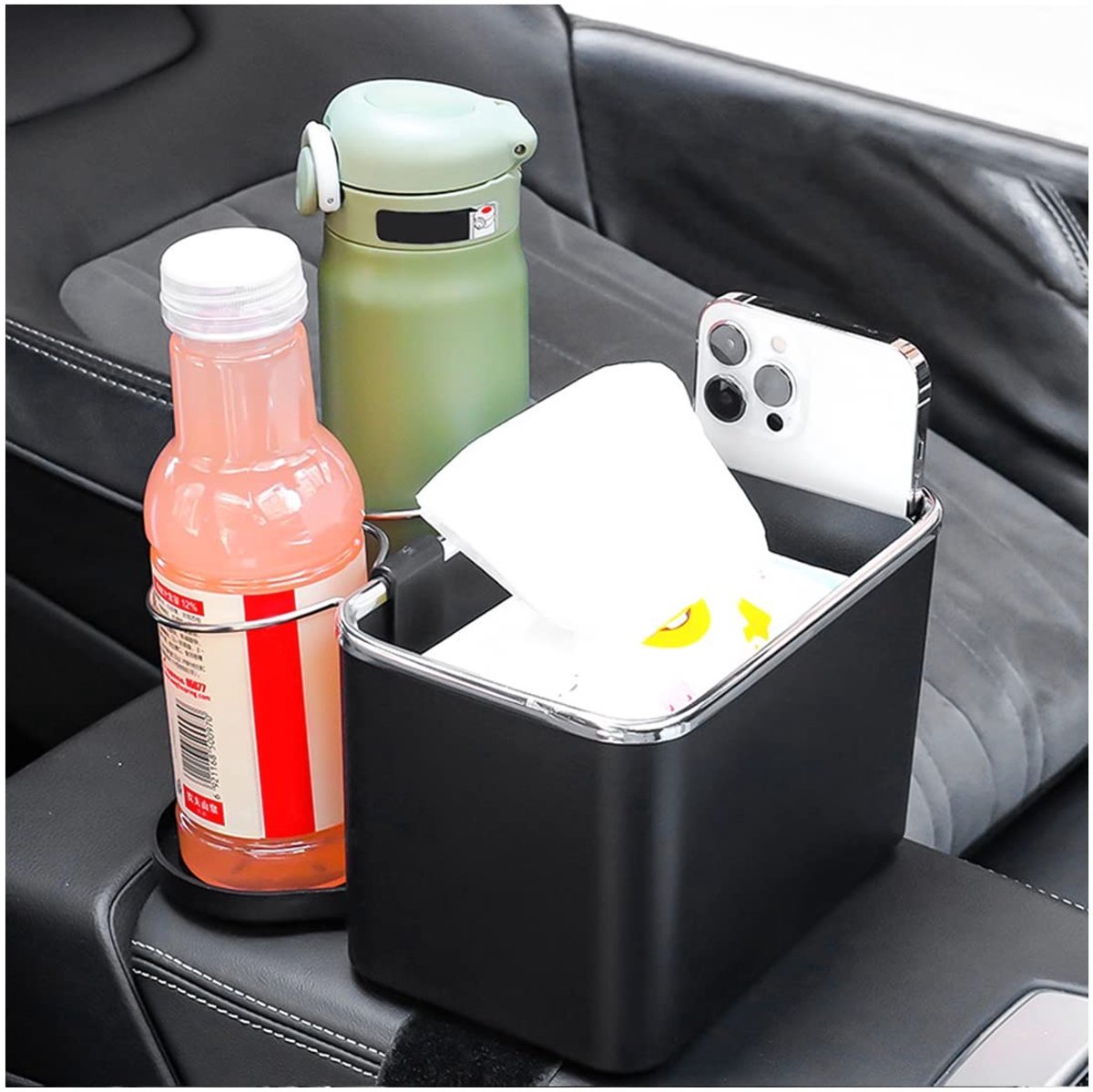 Store_9 - Opbergbox voor armleuning - Bekerhouder - Multifunctionele organizer - Zwart - Telefoonhouder - Ideaal voor in de auto - Ruimtebesparend