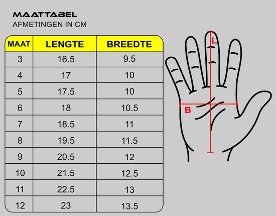 Maattabel keepershandschoenen met lengte en breedte in cm.