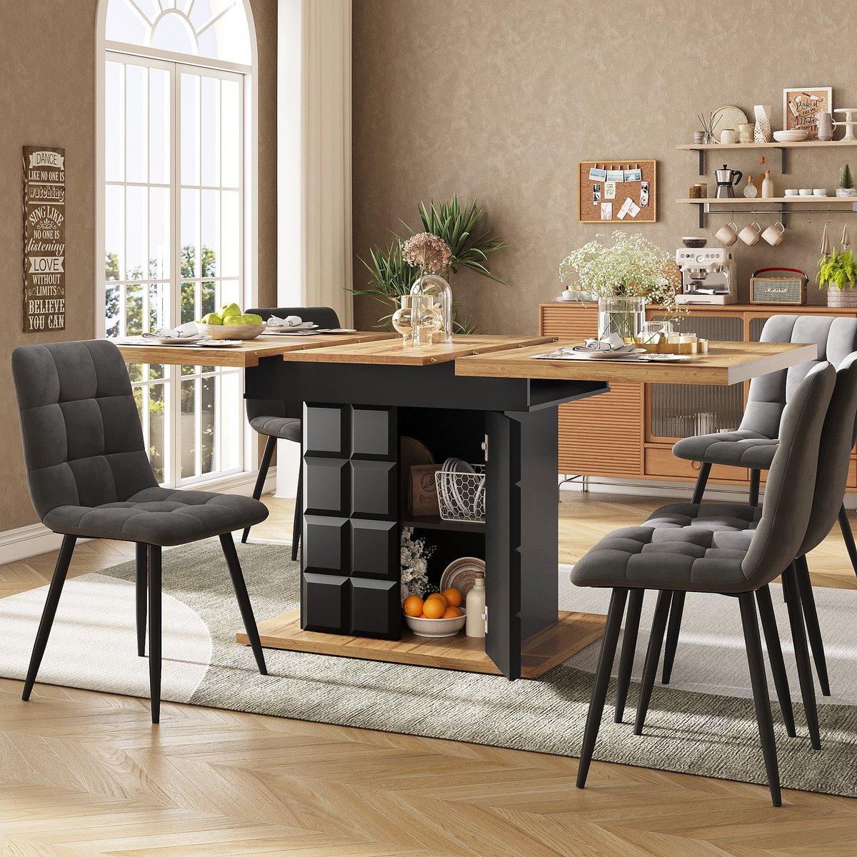 MIVRAY Eettafel - Uitschuifbaar Met Opbergruimte - Voor Keuken En Woonkamer - MDF - 110-140x80x75 Cm - Zwart Naturel