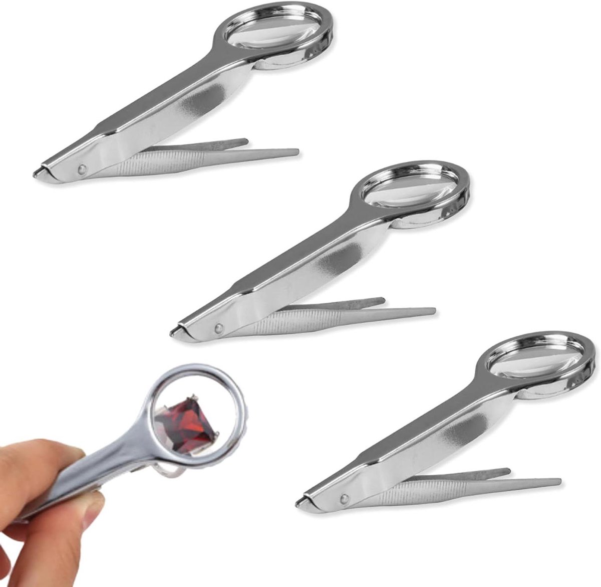 Pincet met Vergrootglas - Vergrootpincet Precisiepincet - Splinter Verwijderen - 5x Vergroting - 3 stuks - Zilver