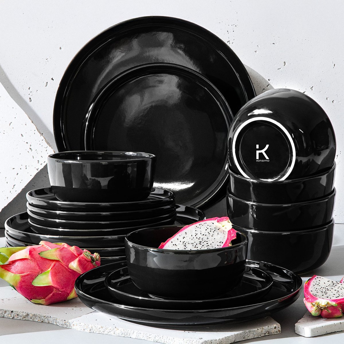 KONSIMO® VICTO - 18 delig - 6 persoons - Keramiek - Dessertbord, Kom, Dinerbord - Zwart