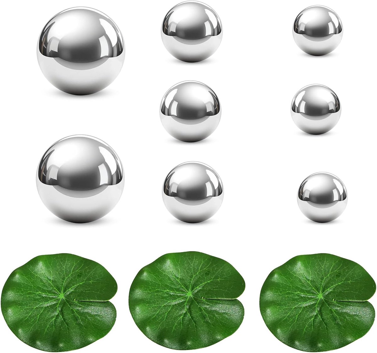Stainless Steel Mirror Ball - Zwembad Ballen - Mini Pond Decoratie - 3 Maten - 2.5 cm tot 6 cm - Set van 8 met 3 Drijvende Lotusbladeren voor Tuin - Vijver Decoratie - Mini Vijver