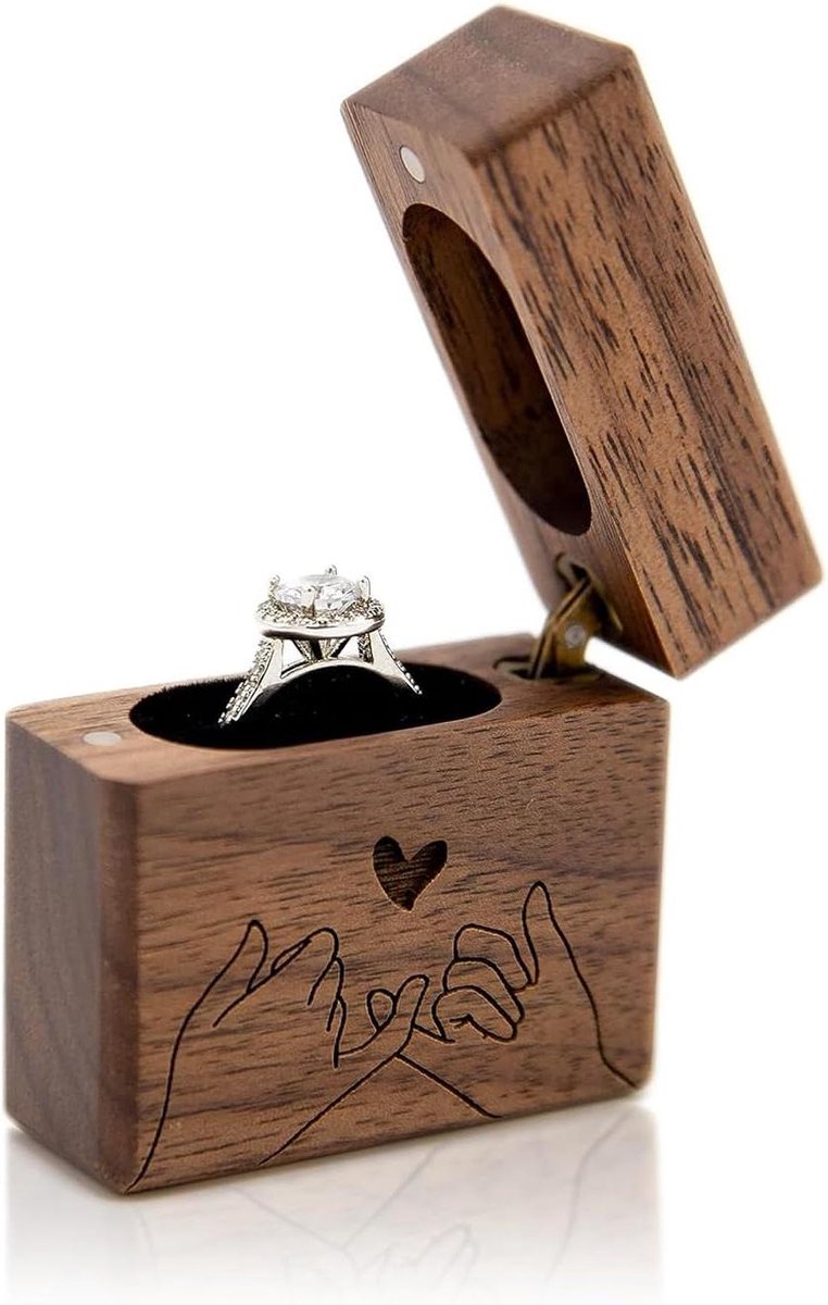 Houten Ringendoos - Verlovingsdoosje Bruiloft - Ring Presenteren - Pinky Promise Gravering - 1.75 x 2 x 0.75 inch - Walnoot
