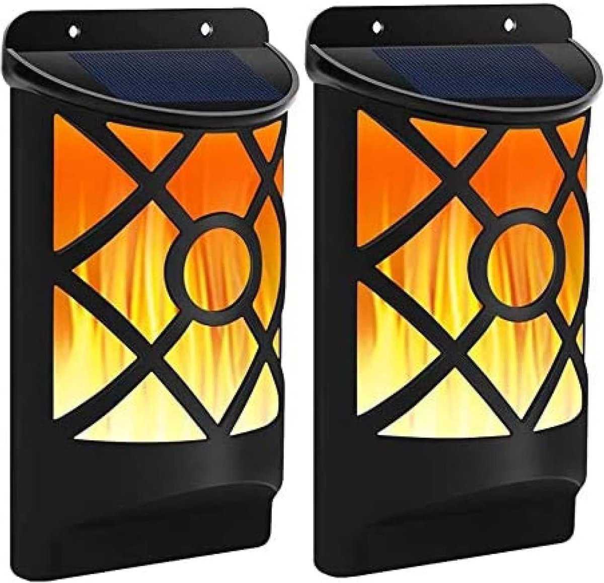 Set van 2 solar wandlampen/trapverlichting/LED-straatverlichting met knipperende vlam, waterdichte solar buitenverlichting, geschikt Geschikt voor tuinen, landschapsarchitectuur, Halloween, paden, enz.