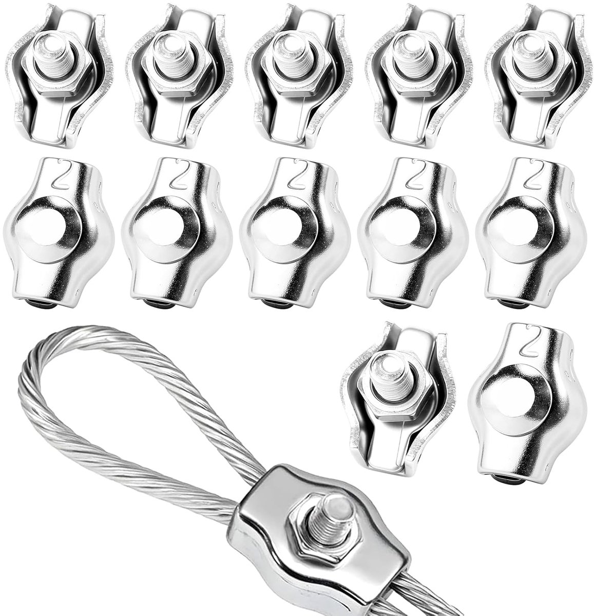 Set van 12 M2 kabelklemmen, gemaakt van 304 roestvrij staal, geschikt Geschikt voor kabels van 1-2 mm, kabelspanners, het vastzetten van waslijnen, tenten, hekken en bouwprojecten (M2).