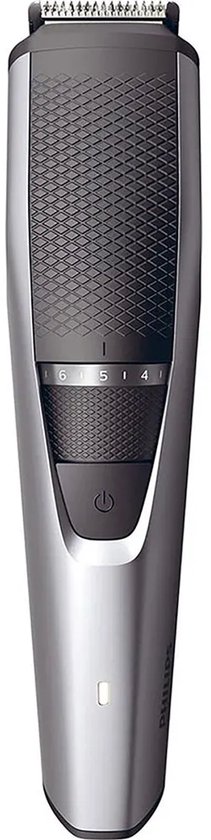 Zilveren Philips baardtrimmer met zwarte grip, zoomwiel en aan/uit-knop.