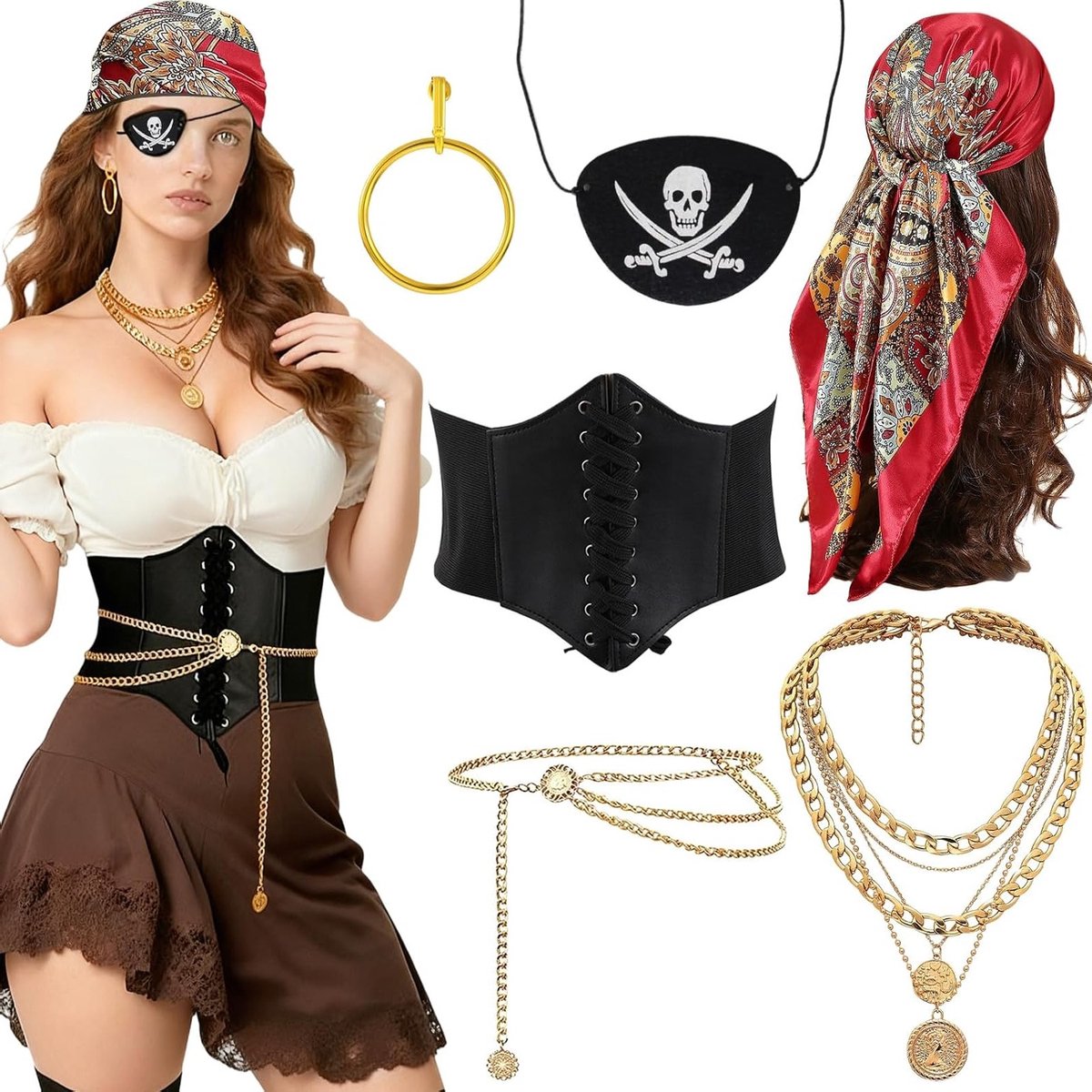 6 Stuks Piratenkostuumaccessoires voor Dames, Hoofddoek, Tailleband, Oogpatch en Meer voor Halloween en Carnaval