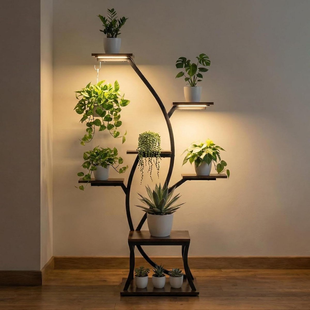 Plantenstandaard met groeilicht - Bloemenrek Plantenrek - Planten Binnen Kweken - 7 Niveaus S-Vorm - 115 cm Hoog - Zwart
