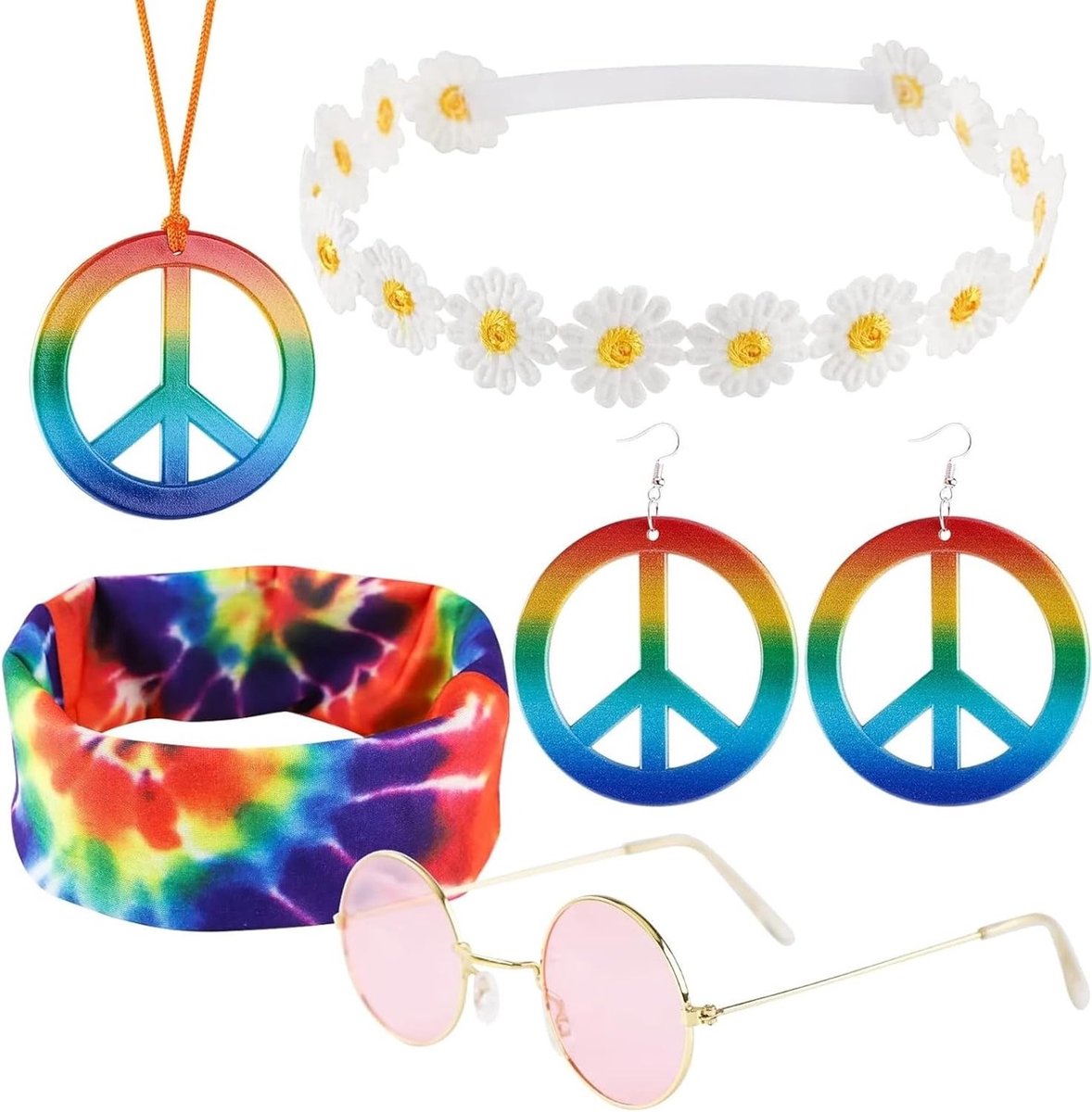 Hippie kostuumset met 6 accessoires, inclusief brillen, peace sign ketting, oorbellen en haarband voor een feestelijk hippie thema