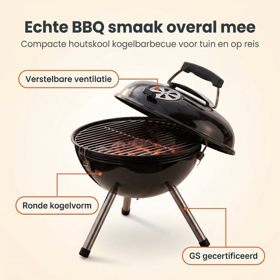 Cheqo® Kogelbarbecue - Houtskoolbarbecue met Deksel - Draagbare Barbecue - BBQ - Kogelgrill - Ketelbarbecue - Compact - voor Tuin, Terras en Balkon - Outdoor - Camping en Picknick - Barbeque - Houtskool BBQ - Grillrooster - Zwart van Cheqo — afbeelding 3