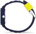 Donkerblauw horloge met gele bandhouder, zilverkleurige gesp, zijkant zichtbaar.