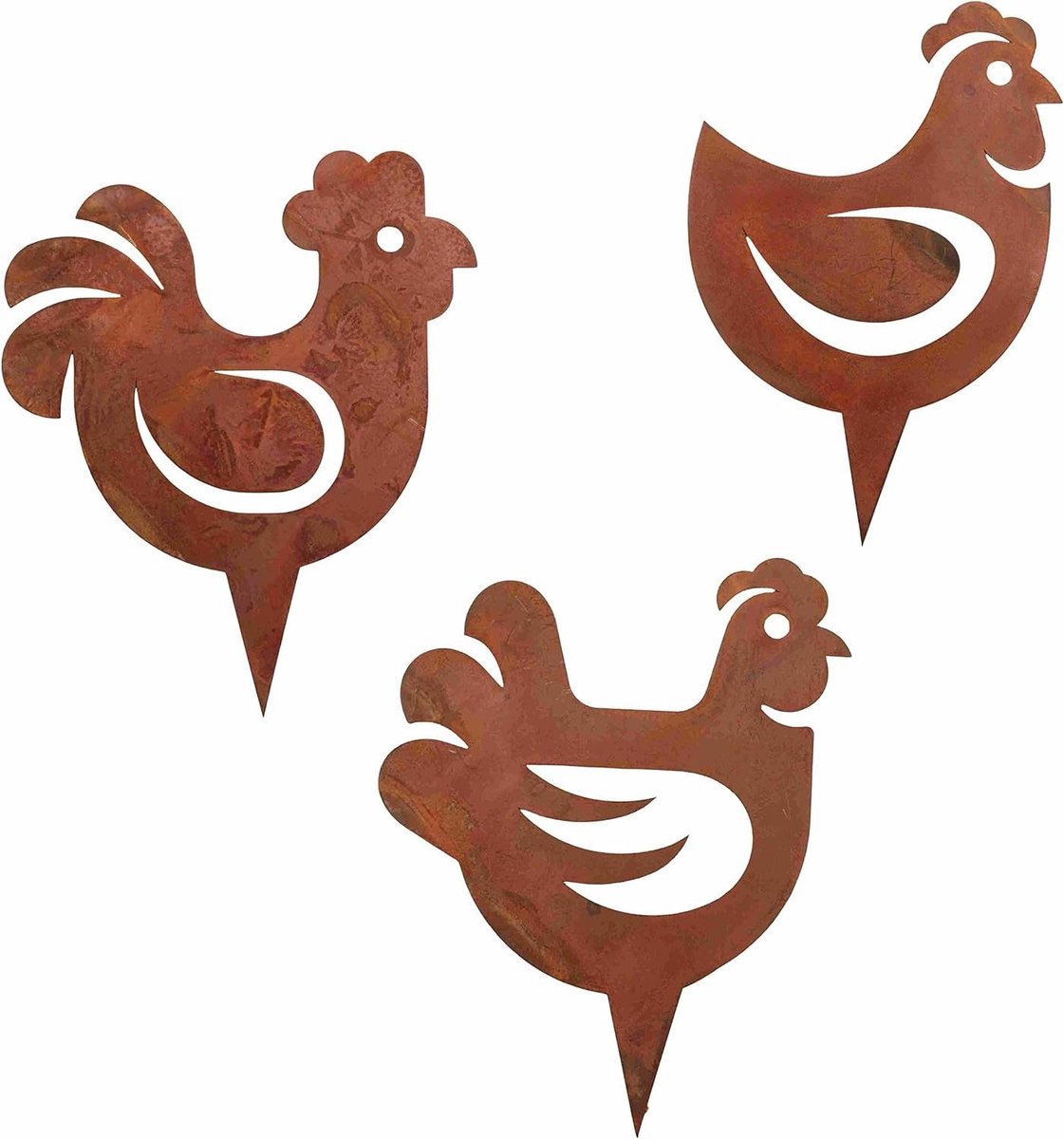 Decoratieve Kippen Tuinsteker - Roestfiguren Set - Tuin Decoreren - Echt Roest Patina - 10 x 10 cm - Roestkleurig