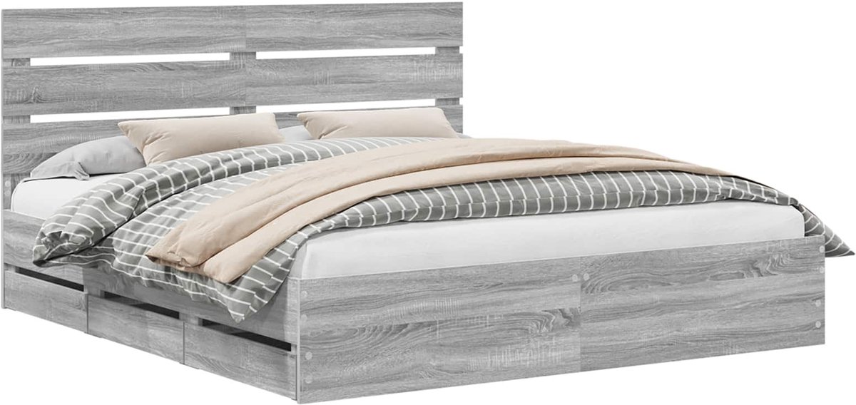 vidaXL Bedframe - met - lade - Grijs - Sonoma - 200 - x - 200 - cm - Ingenieurshout Grijs sonoma