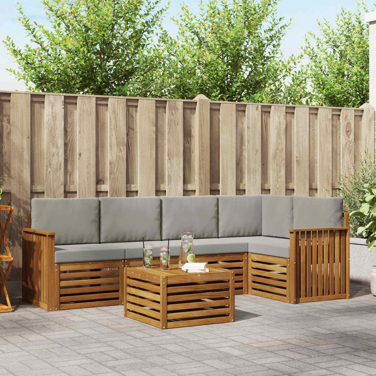 vidaXL Buiten - bank - set - 6 - st - 5-zits - Naturel - en - lichtgrijs Naturel en lichtgrijs