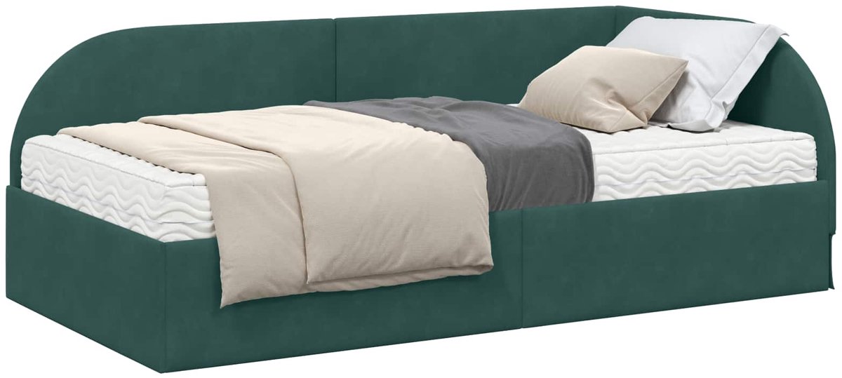 vidaXL Hoekbedframe - met - Matras - 2 - st - Donkergroen - 90 - x - 200 - cm - Fluweel