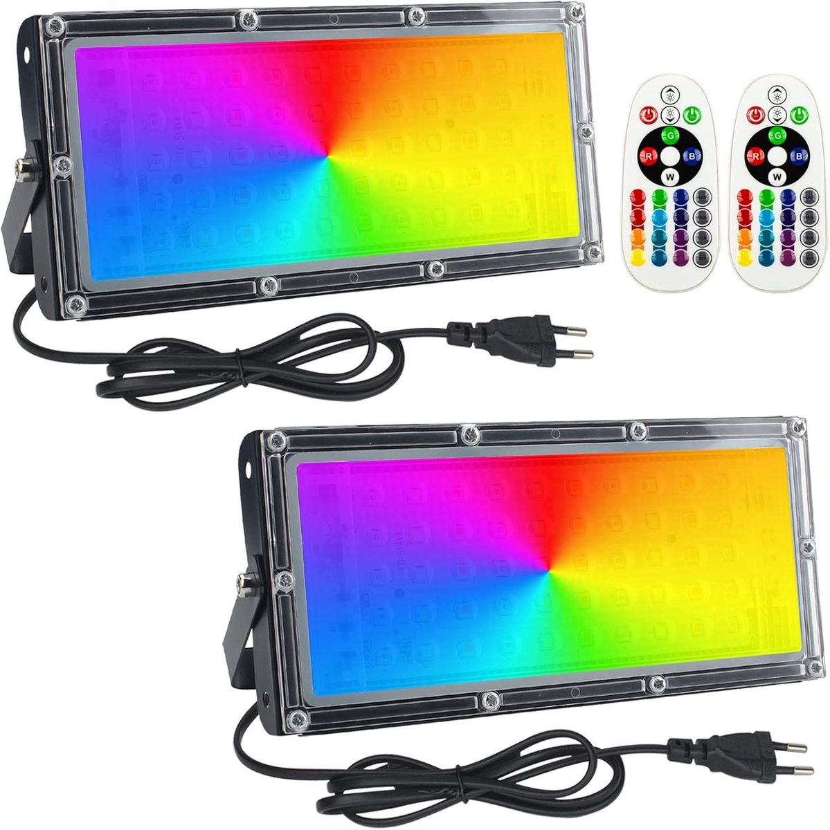 2 stuks 50W Kleurrijke LED-projectoren, RGB buiten LED-schijnwerpers IP65 waterdicht met afstandsbediening, Geschikt voor tuin, terras en binnenverlichting.