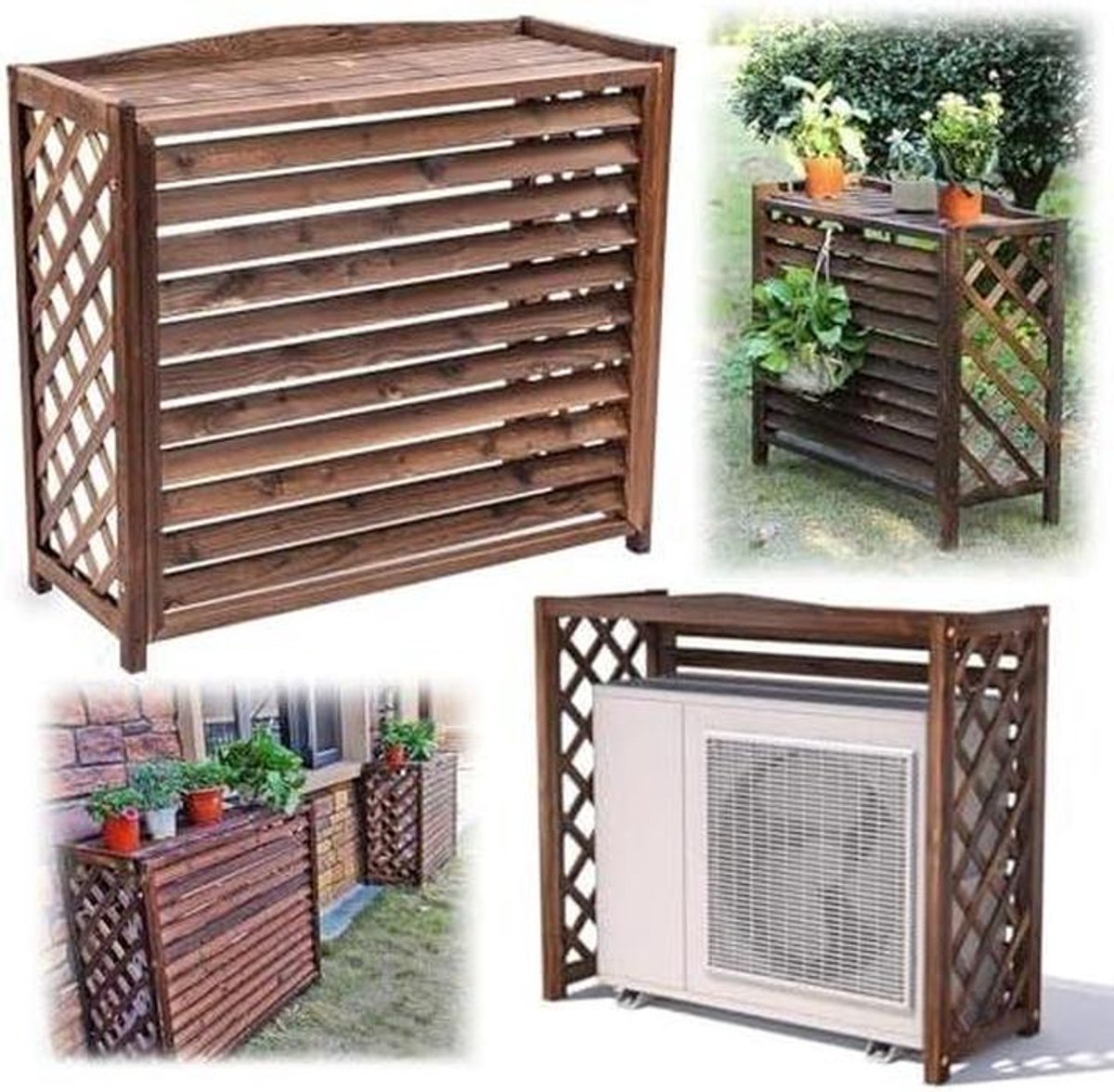 Houten Airco Afdekplaat - Privacyscherm Airco - Buitenruimte Verfraaien - Met Plantenbak - 110 x 50 x 85 cm - Houtkleur