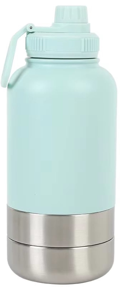 Honden drinkfles met voerbakken - Waterfles hond - Dubbelwandig - Thermosfles - Hondendrinkbak - Multifunctioneel - Hondenvoerbak - RVS Fles - Lekbestendige dop - BPA vrij - 1 Liter - Met handvat - Perfect voor onderweg