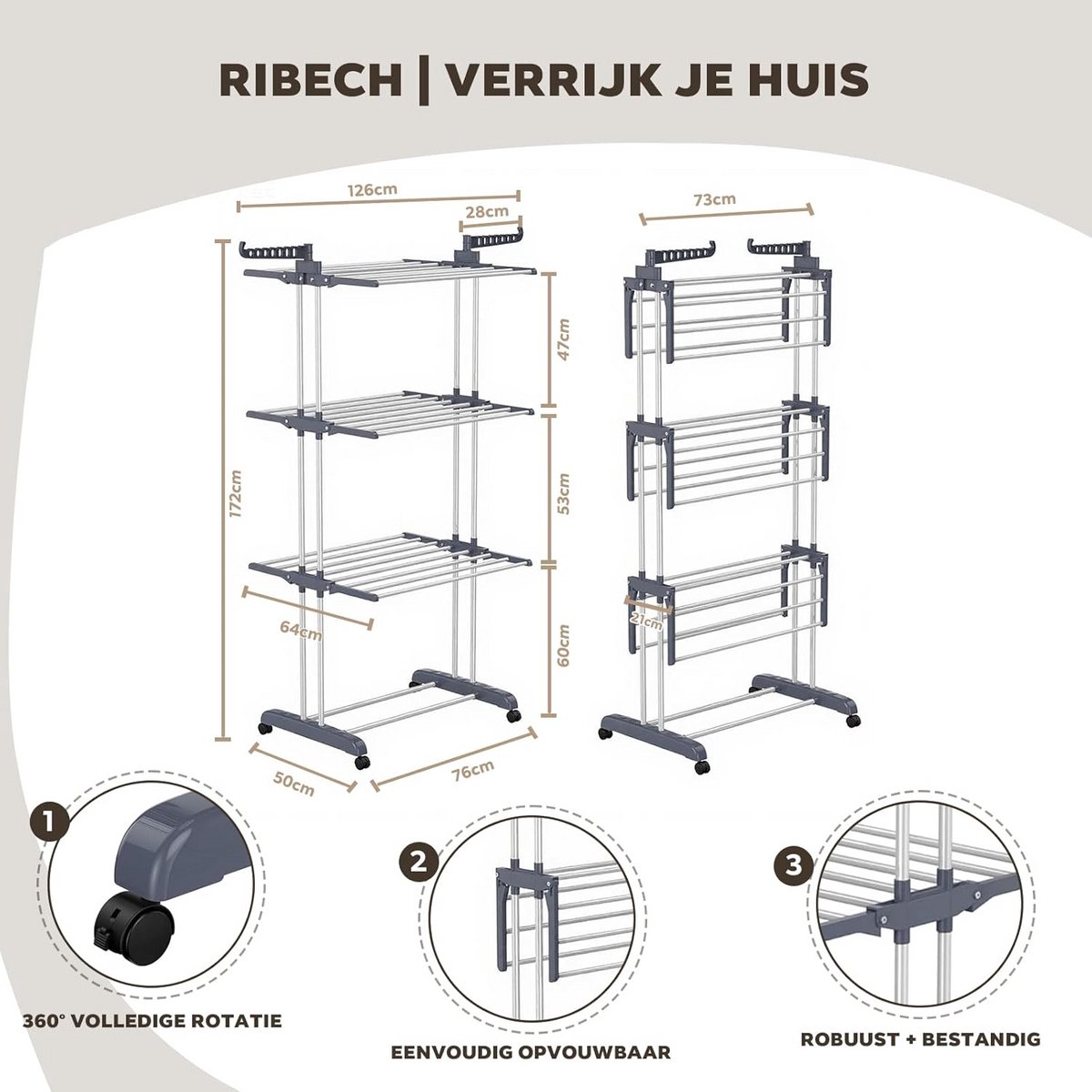 Was Toren - Droogrek met Wielen - Kleding Drogen - 4 Lagen 6 Vleugels - 76x50x172cm - Grijs thumbnail 3