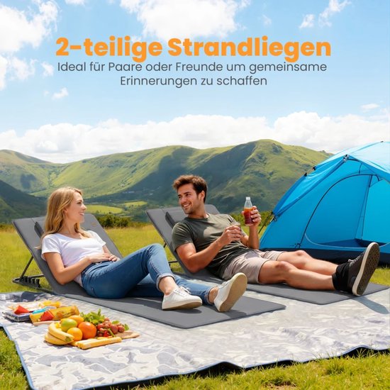 ZYLARO Strandmat Opvouwbaar - Set van 2 Strandmatten - Strandstoel met Hoofdsteun en Opbergtas - Verstelbare Rugleuning in 4 Standen - Lichtgewicht - 154L x 57B x 52H cm - Donkergrijs + Zwart van ZYLARO — afbeelding 4