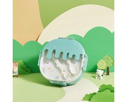 Tnfeeon Kinderlunchbox, 3-compartimenten Box met Ijsontwerp, Plastic Lunchbox voor Schoolkantoorreizen, 18,5x18,5cm Inclusief Vorklepel (GREEN)