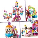 Grote LEGO Friends set met een reuzenrad, kermisattracties en minipoppen, en close-ups.
